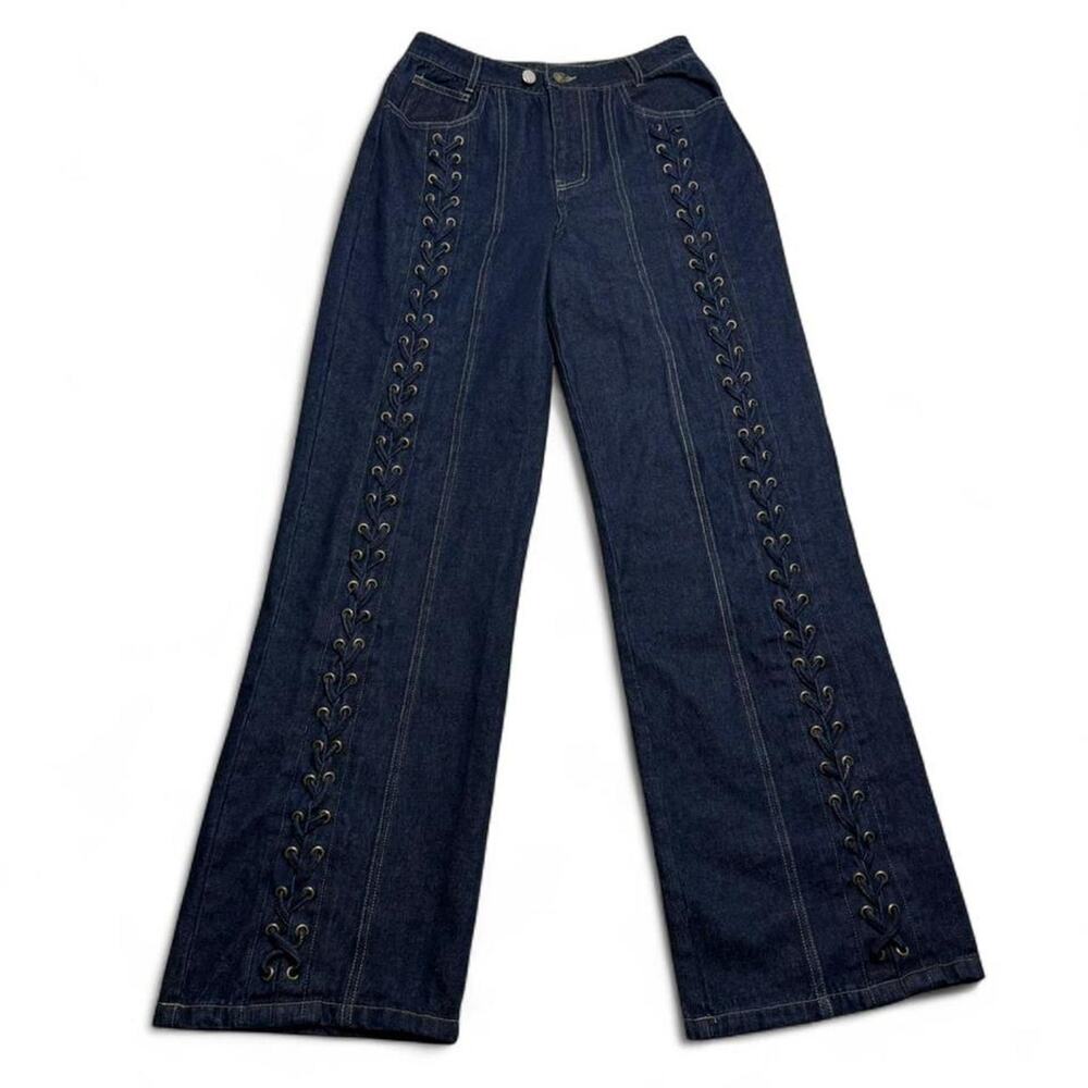 White Fox navy blue lace up wide leg jeans Size XS has 2 buttons Cute Bottom